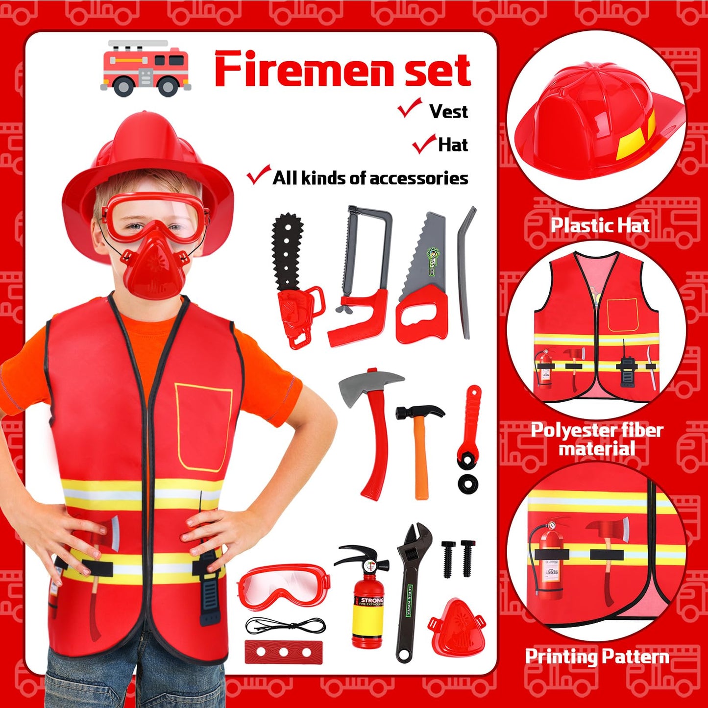 Bonuci 3 Sets Kids Role Play Clothes for Kids Age 3-7 Years Old  Dress up Costumes Vest Set Police  Fireman and Worker for Toddler Kids Boys Pretend Role Accessories