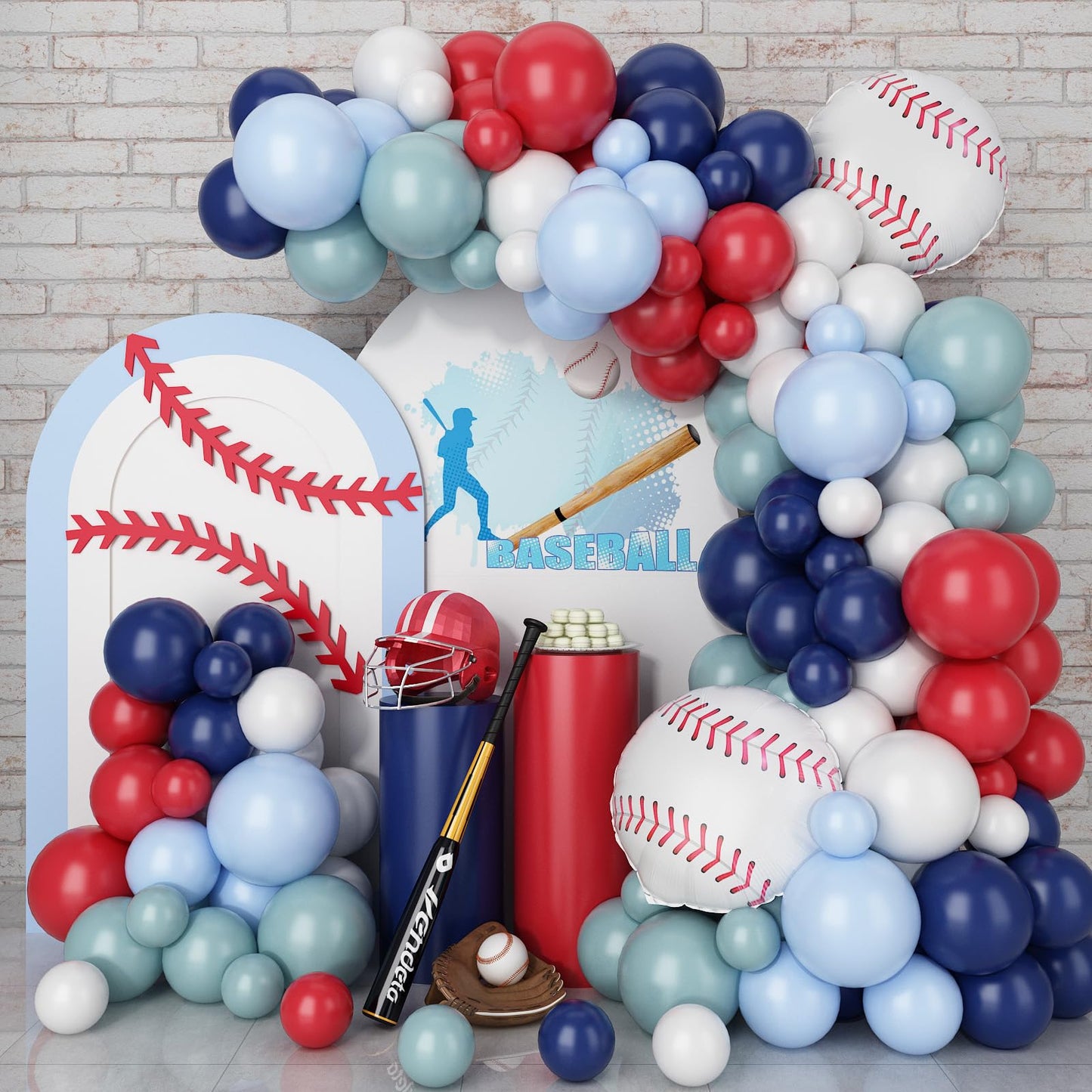 FunHot Baseball Balloon Arch Kit, Navy Blue & Red Garland with White Foil Balloons, Birthday Party Decorations, Model B188-29E