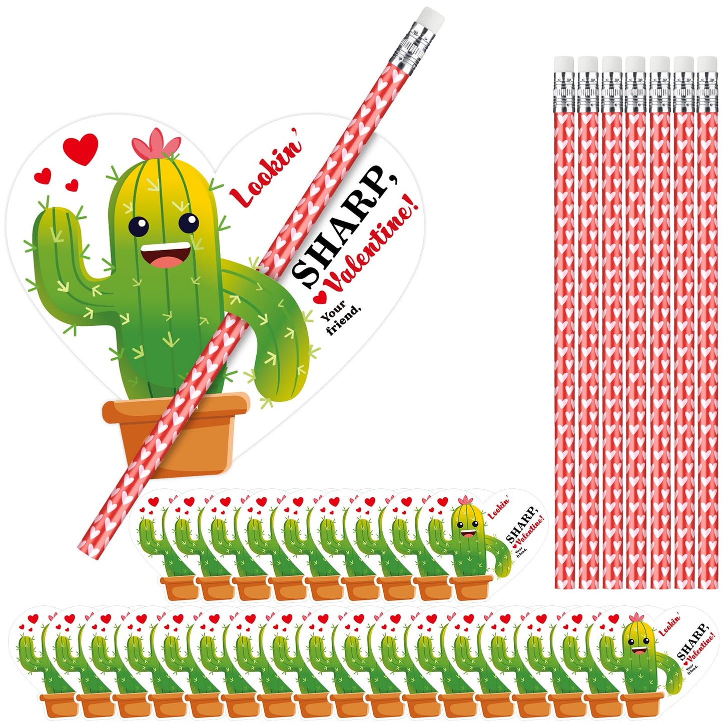 Dunzoom 36 Sets Cactus Valentine s Day Cards Exchange Gifts for Kids Heart Pencils with Eraser Punny Cactus Valentines Day Card