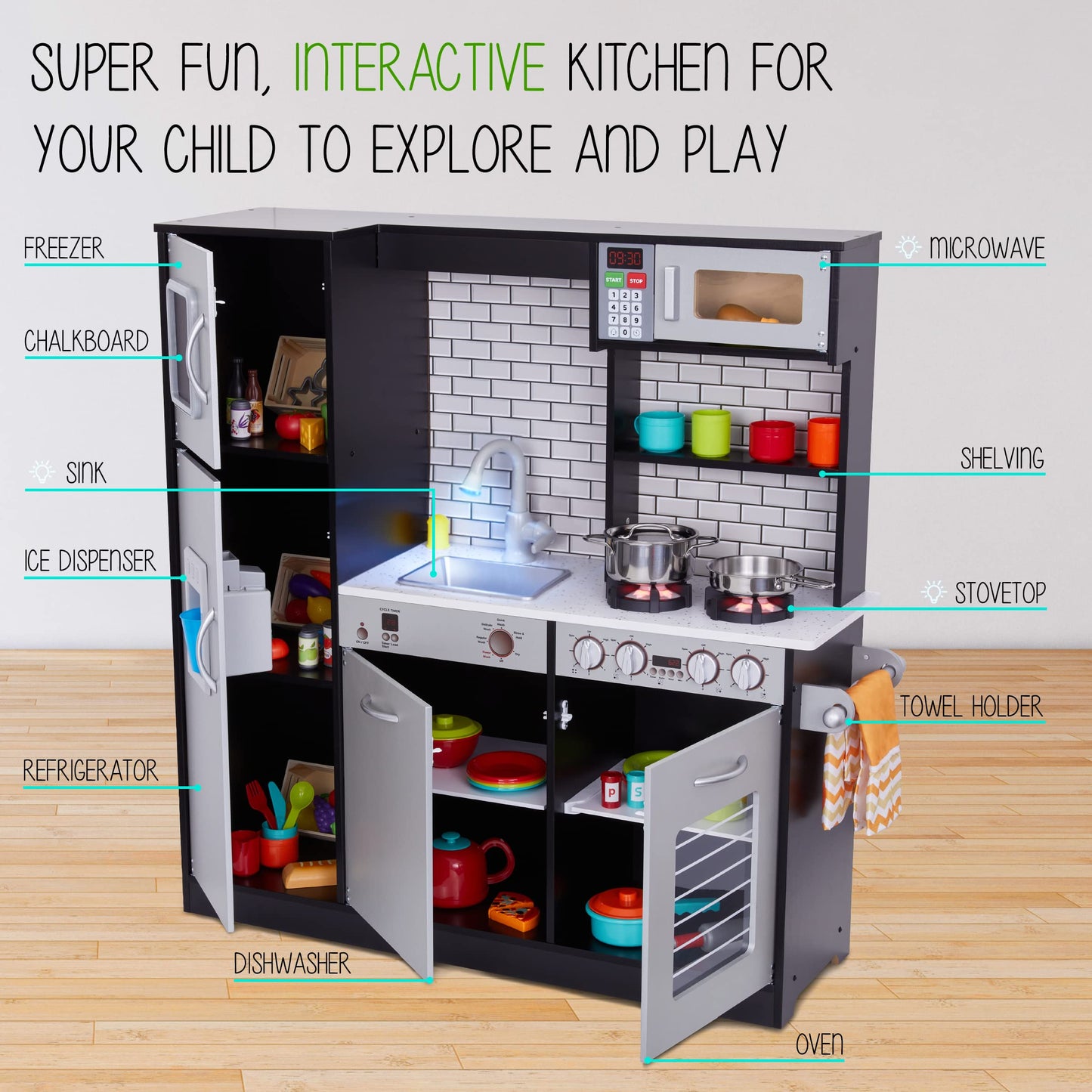 Lil' Jumbl Kids Kitchen Set, Pretend Wooden Play Kitchen, Battery Operated Icemaker, Burners, Faucet & Microwave Makes Realistic