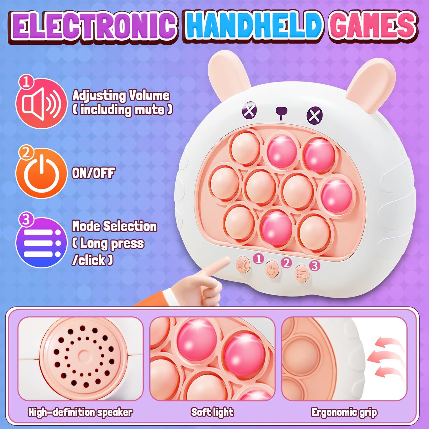 Thinhous Fast Push Game Fidget Toys - Electric Handheld Pop Game Sensory Light Up Toy With Music, Quick Push Bubble Games Puzzle