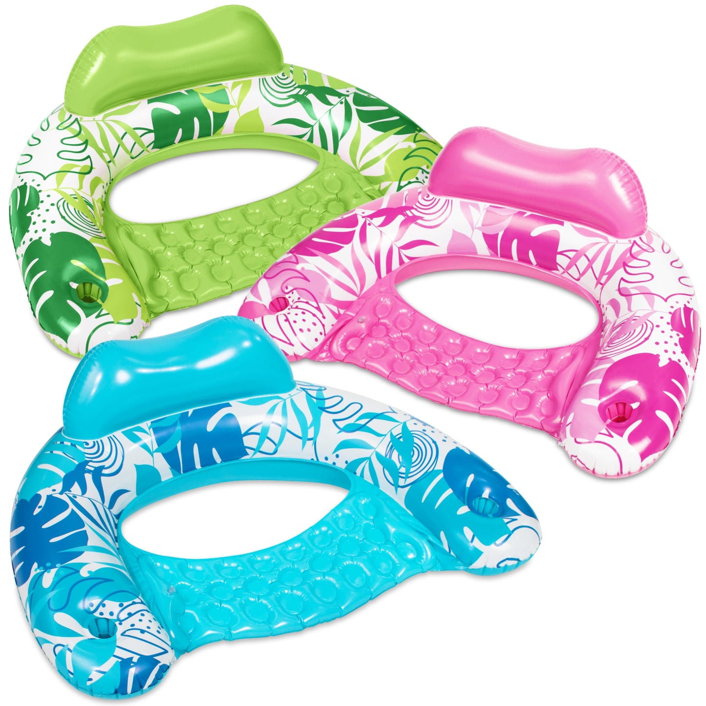 SLOOSH Inflatable Pool Floats mature-themed  3 Pack Pool Chairs with Cup Holders Blow up Floats Chair Hck Noodle Mat Leaves Design for Relaxing Summer Water Fun Swimming Party Beach Blue  Green  Pink