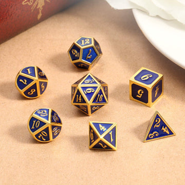 Dndnd Heavy Polyhedral Metal Dice Set With Metal Box, 7-Die Shiny Blue Surface With Golden Number For Rpg,Dungeons And Dragons,P