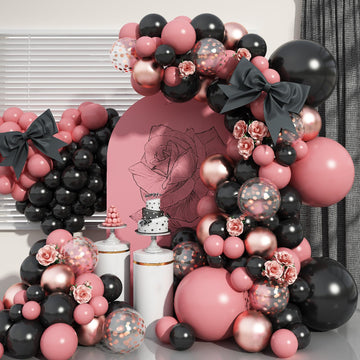 Dusty Pink And Black Balloon Arch Kit, 112 Pcs Pink Rose Gold And Black Balloons Garland With Rrose Gold Confetti Metallic Rose