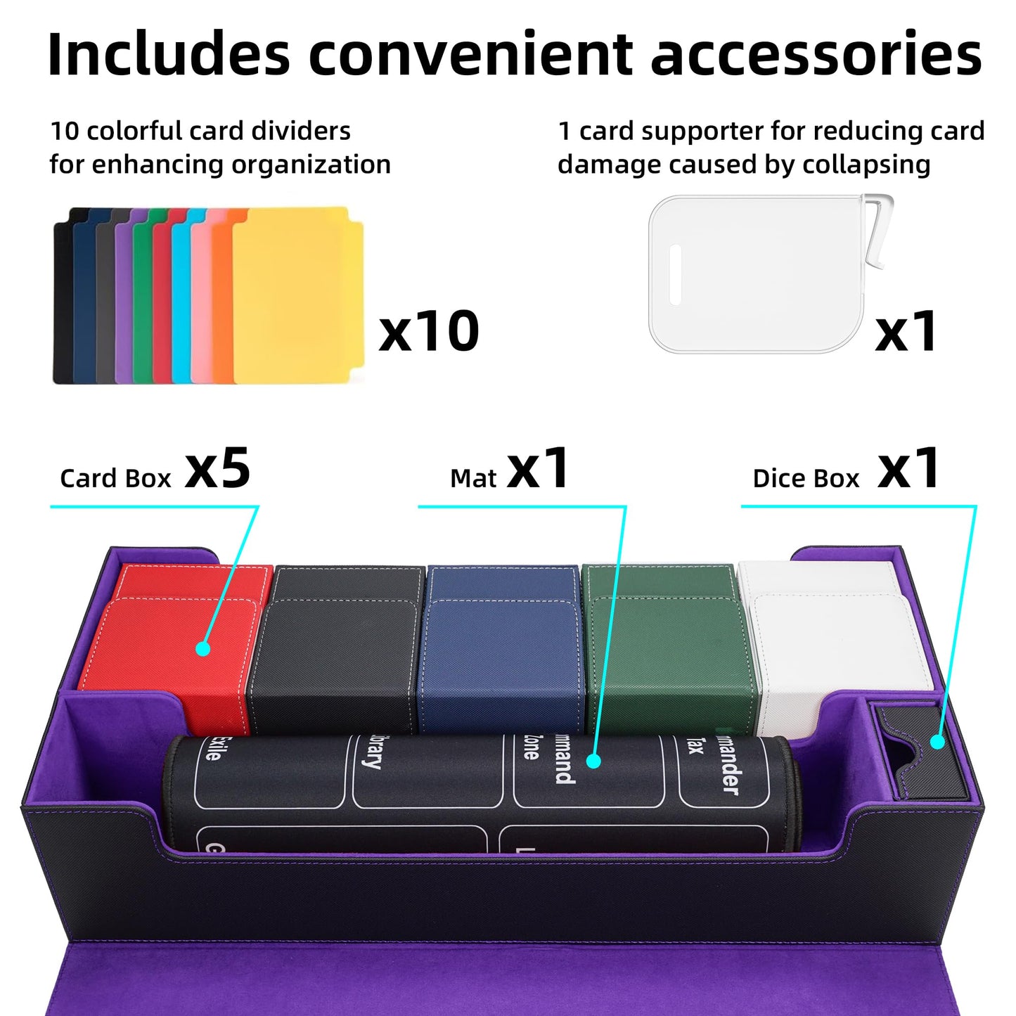 AFIING MTG Deck Box 6 In1 with MTG Playma enhanced Card Storage Box with 5 Pcs MTG Deck Box Holds 2400+ Trading Cards  Large TCG Card Deck Case for Magic Yugioh Sports Cards (Black&Purple)