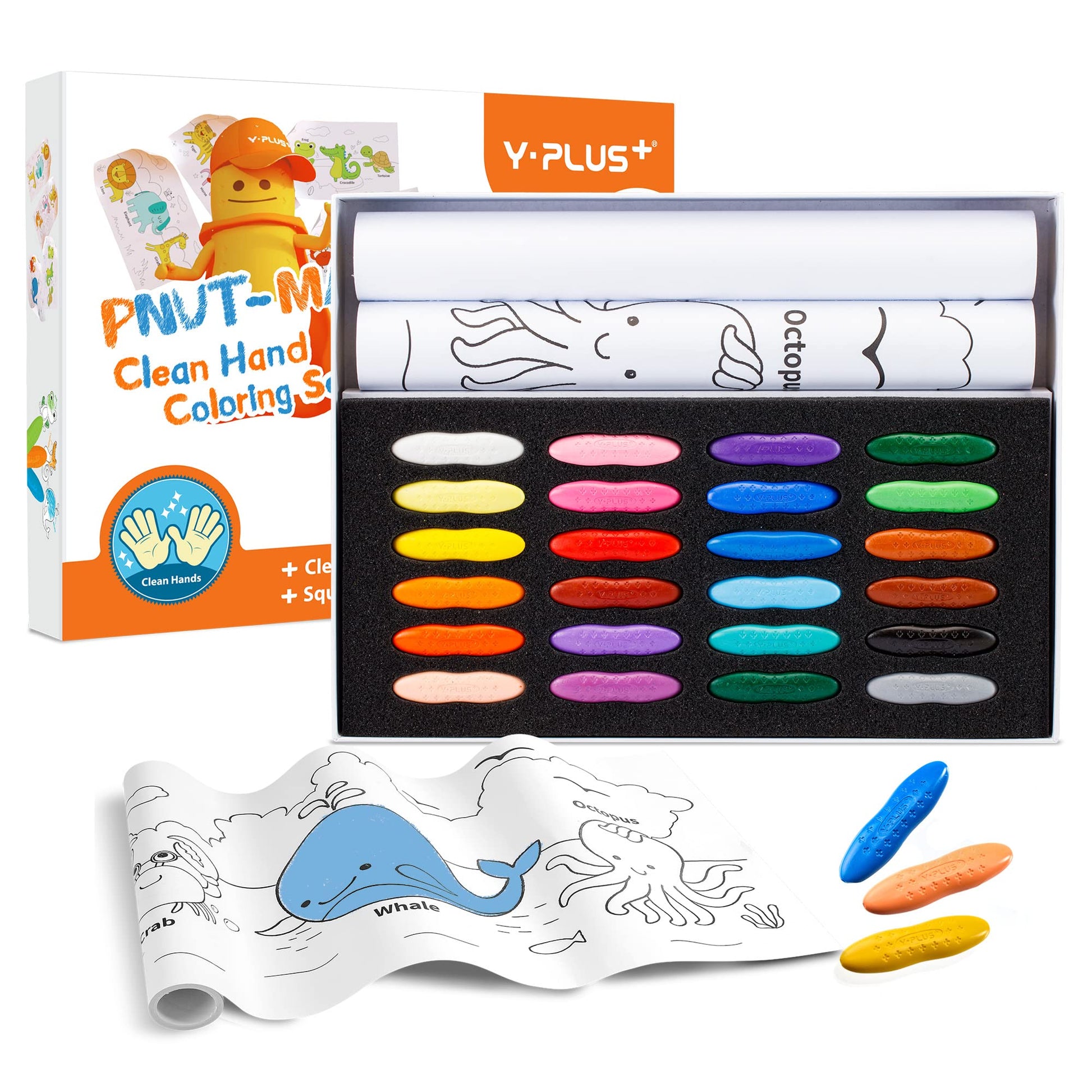 YPLUS Peanut Crayons Set for Kids, Art Case with 24 Colors Crayons and Wall Sticker Paper Rolls, Non-Toxic Toddler Coloring Supp