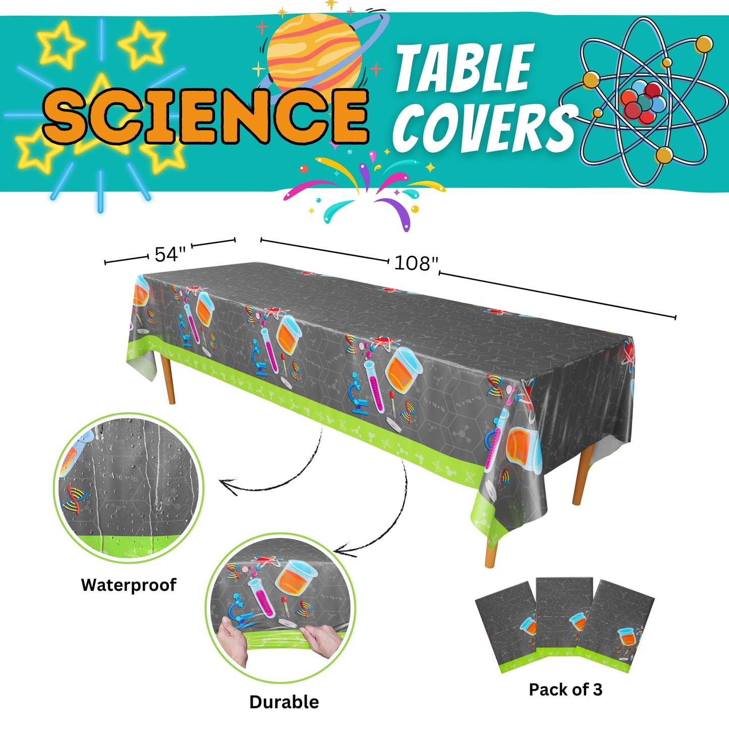 Blue Orchards Science Party Table Covers (Pack of 3) - 54x108 XL - Science Birthday Party Decorations, Science Tablecloth, Scien