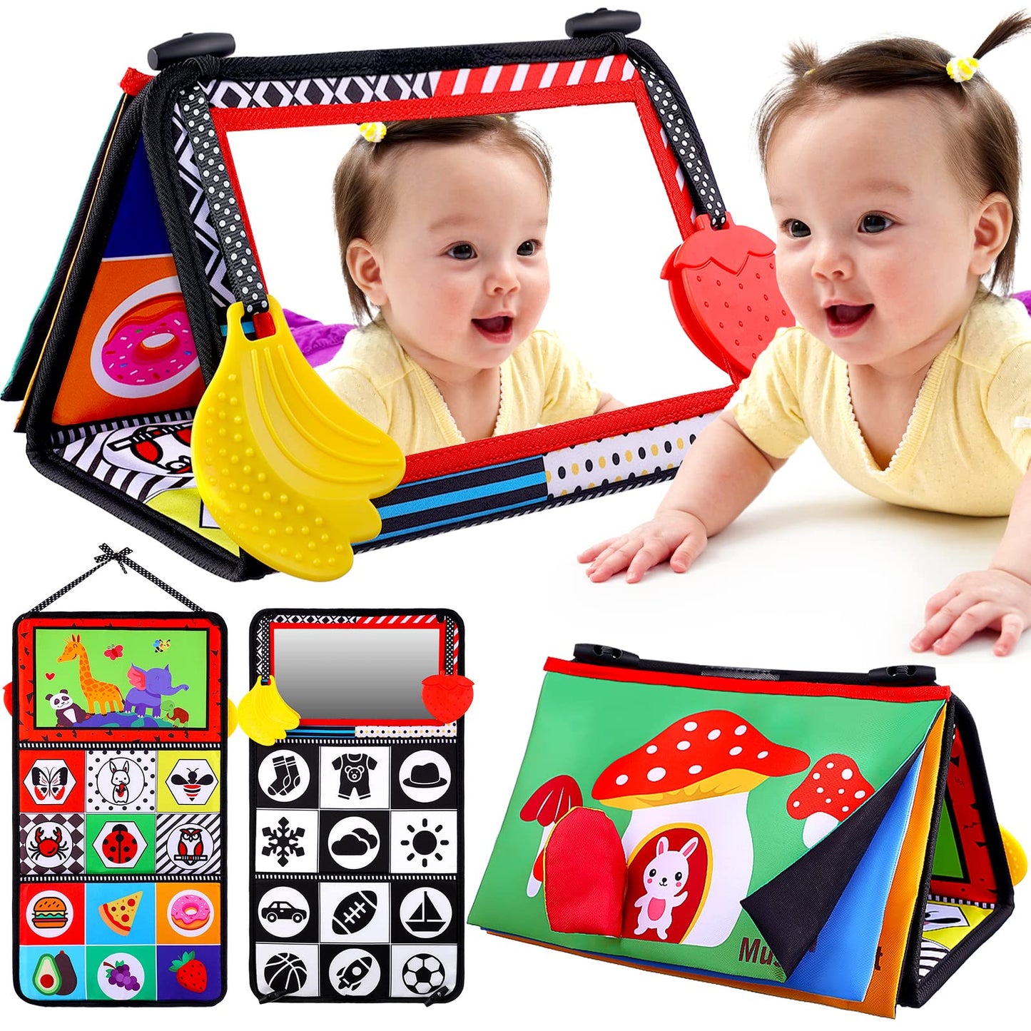 Baby Mirror Tummy Time Toys 0-3 3-6 Months Sensory Crinkle Cloth Baby Books Black And White High Contrast Baby Toys For Newborn Infant Montessori Car Seat Teething Toys 0-6 6-12 Month Boys Girls Gifts