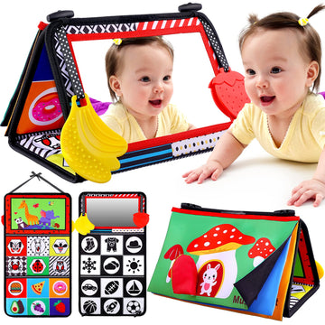 Baby Mirror Tummy Time Toys 0-3 3-6 Months Sensory Crinkle Cloth Baby Books Black And White High Contrast Baby Toys For Newborn Infant Montessori Car Seat Teething Toys 0-6 6-12 Month Boys Girls Gifts