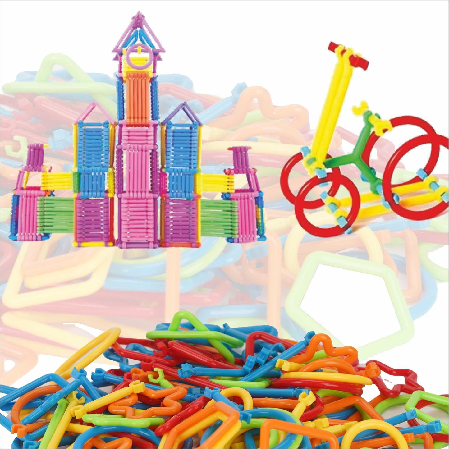 Toymagic Strawstix Construction Set For Kids - 500 Pieces Stem Building Toys, Flexible Colorful Straws & Connectors For Creative