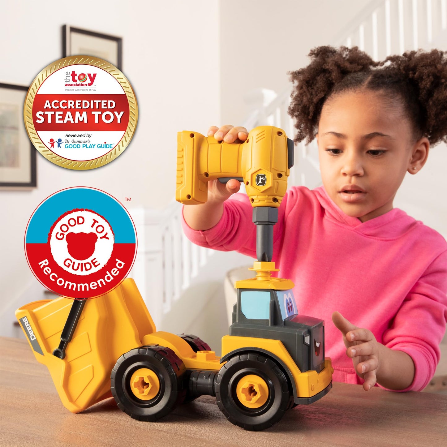 Build-A-Buddy John Deere Dump Truck Toy - Buildable Dump Truck Take Apart Toys with Toy Drill - AA Batteries Included - STEM Bui