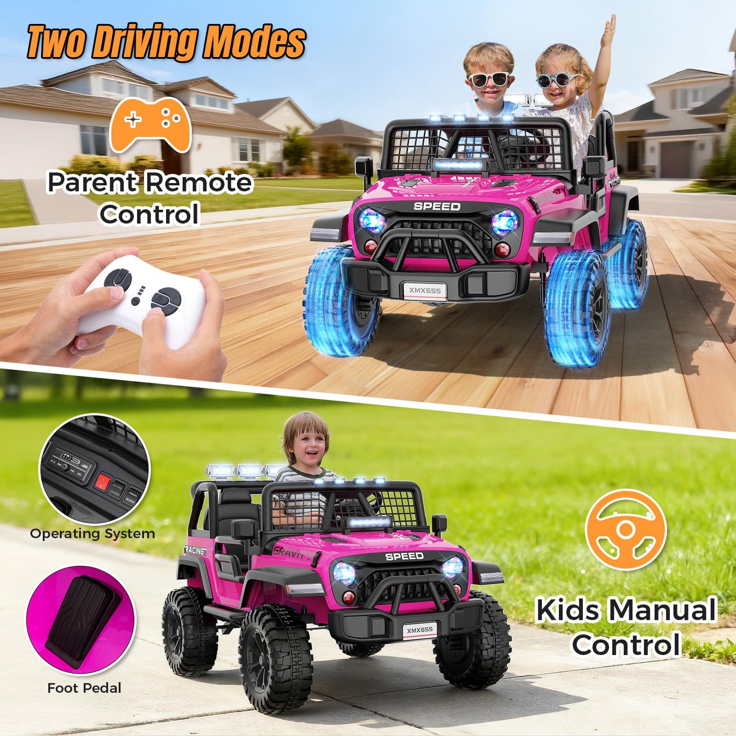 Hikole 24V Electric Ride On Car - 2 Seater XL with Remote, LED Lights, Bluetooth, Pink