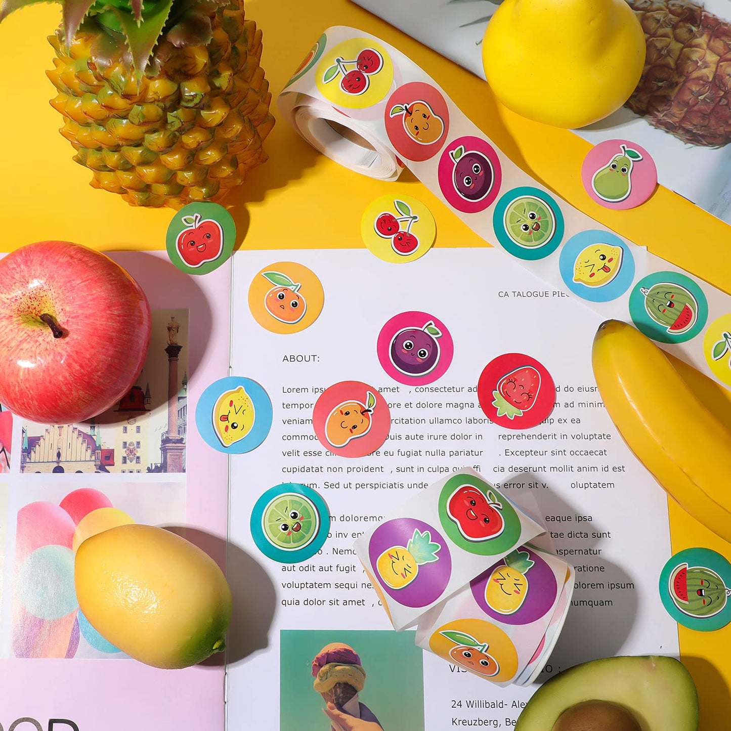 500 Pcs Fruit Roll Stickers, Happy Fruit Stickers, Colorful Fruit Smile Face Stickers Lovely Apple Orange Banana Pear Grapes Sti