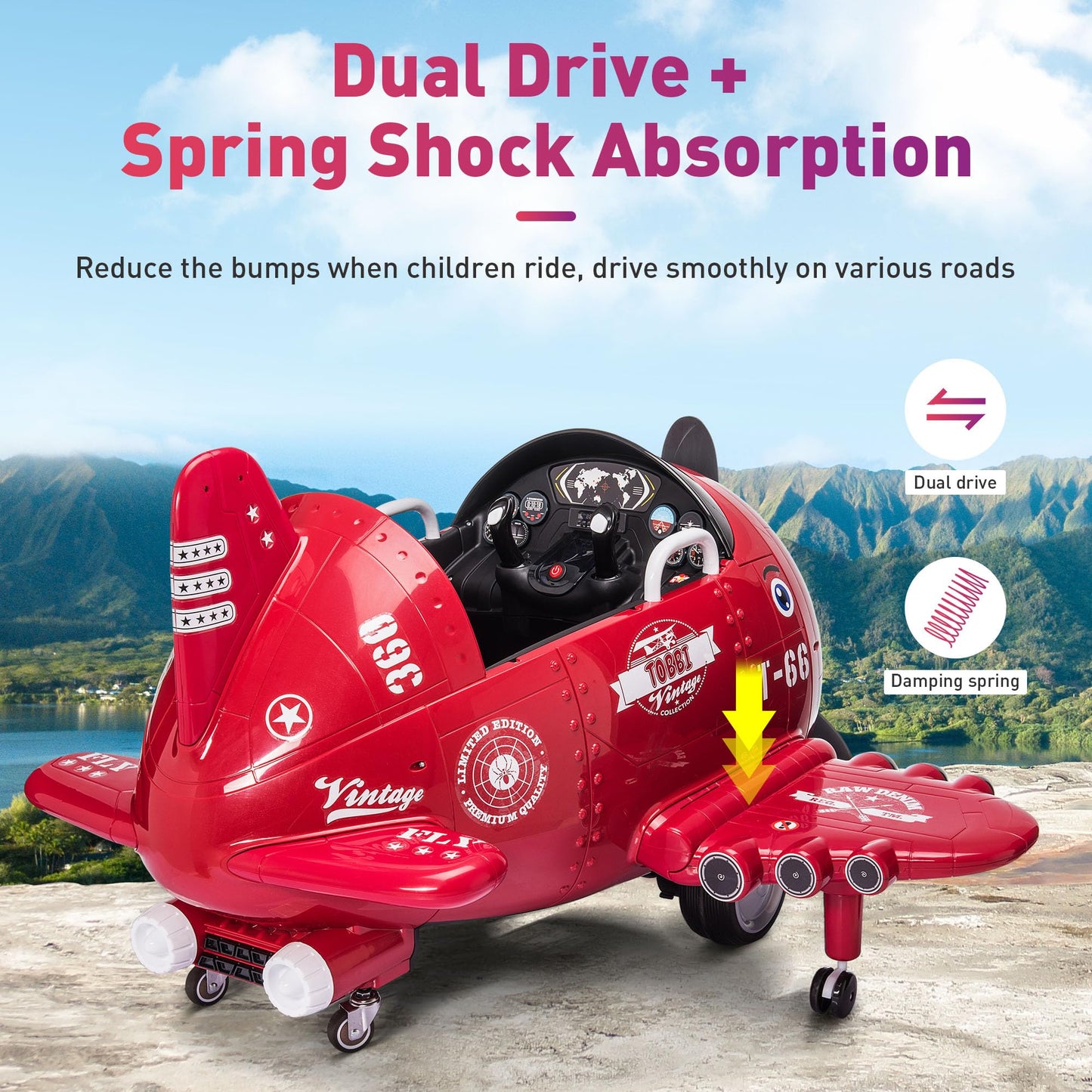 Airplane Ride On Toy Kids Car Tobbi 12V Electric Kids Ride Airplane Motorized Kids Vehicles W/Bombing Sound/Joysticks Operation/