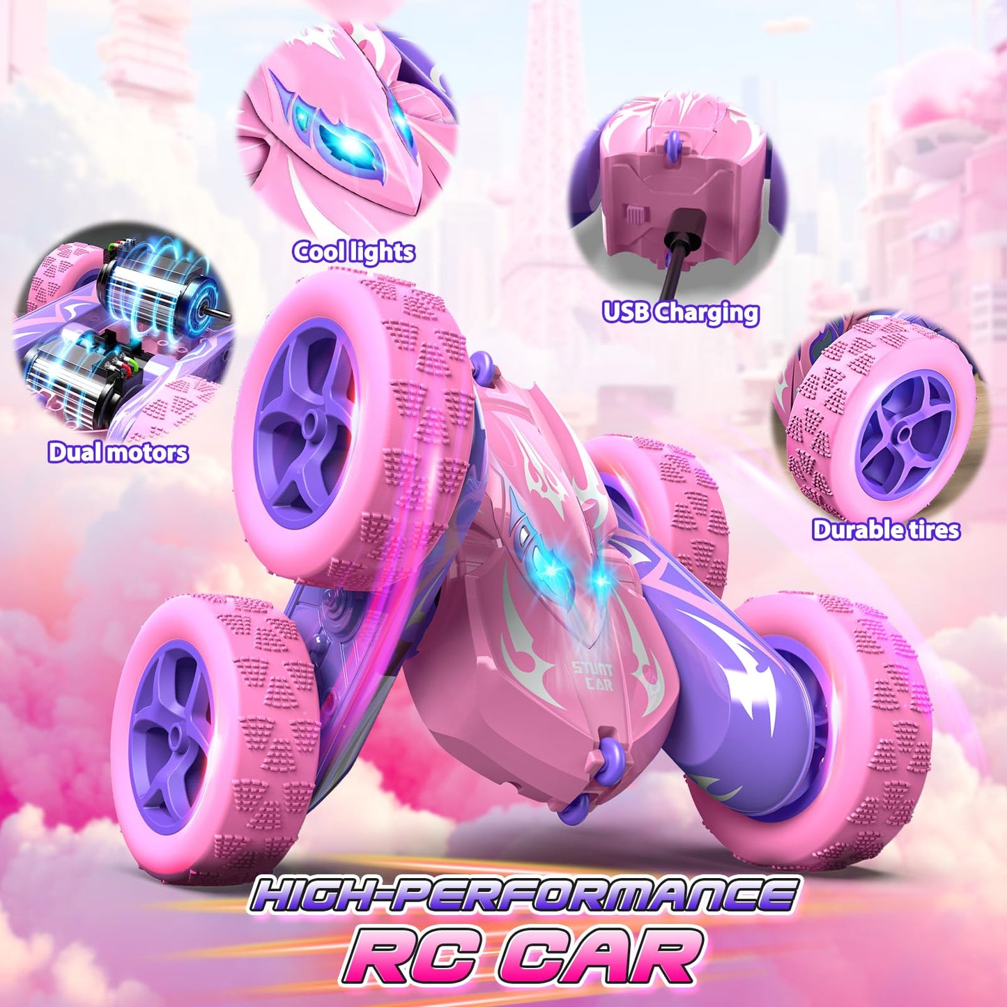 Excitobo Remote Control Car 4WD Double Sided 360° Flip Pink Model WJ121750 for Kids Age 4-12