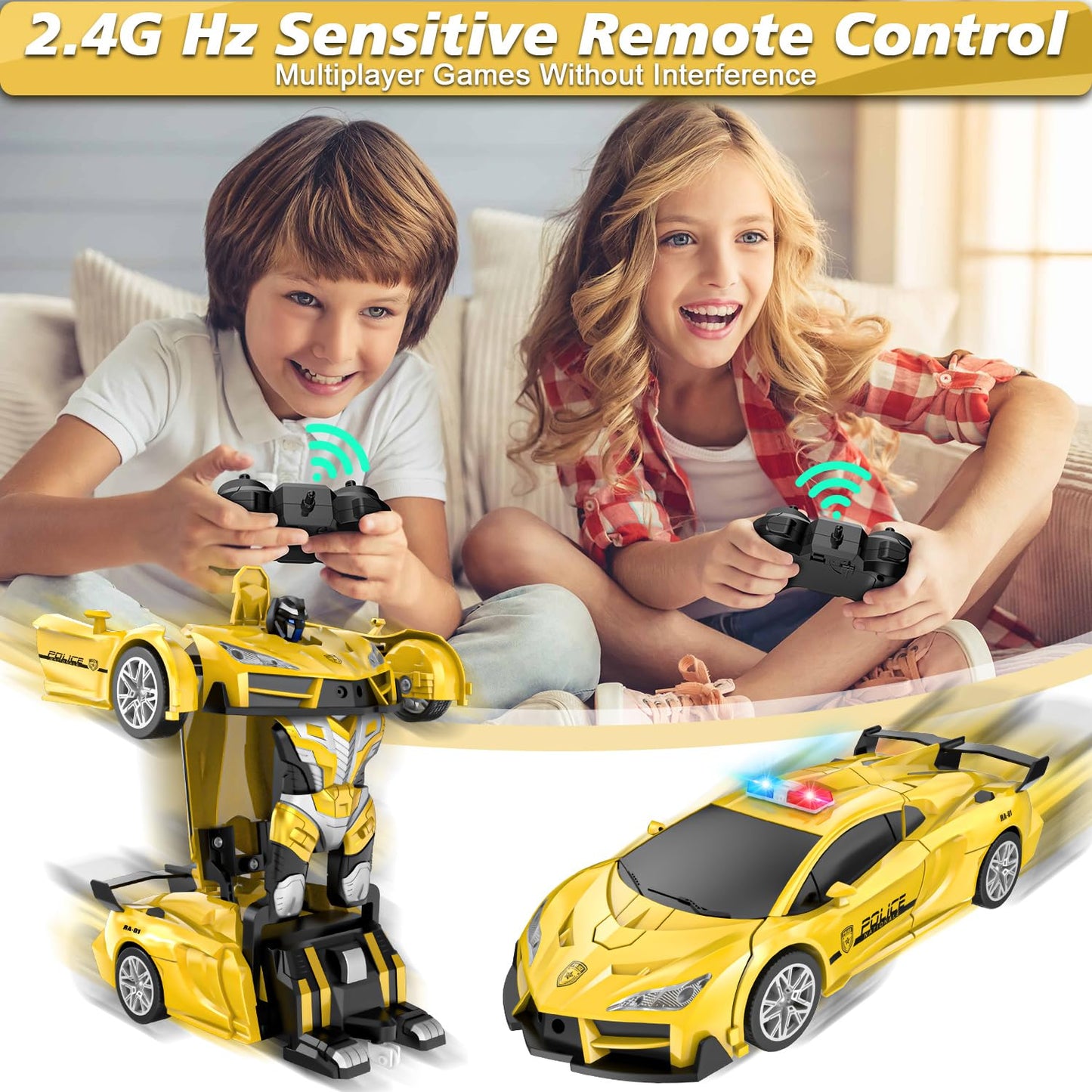 Febyhim Remote Control Car For Boys 4-7, 2.4Ghz Rc Car 1:18 Scale, One-Button Transforming Toy With 360 Spins, Led Lights(Yellow