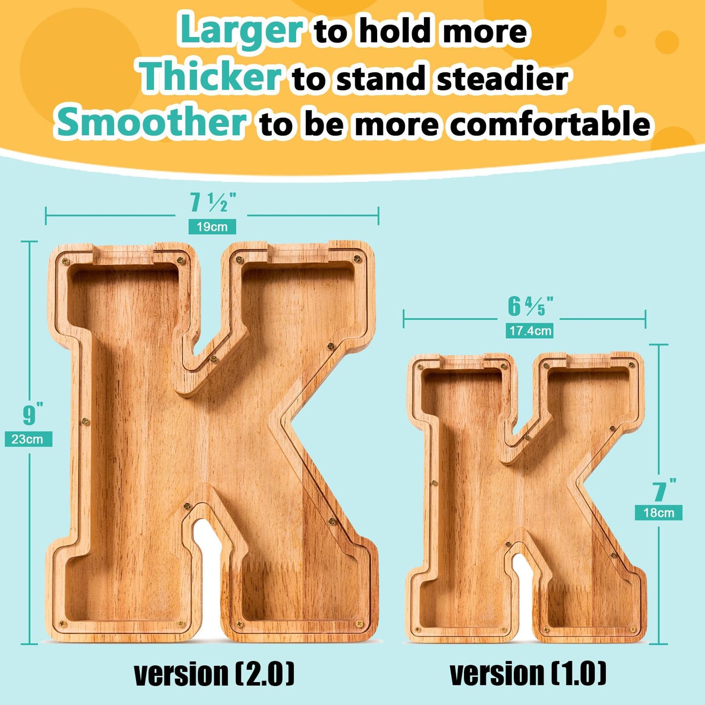 SummiDate Wooden Letter Piggy Bank for Kids| Piggy Bank for Boys Girls Toddler| Alphabet K Money Bank| Wood Coin Bank Personalized Birthday Gift for Kids (K)