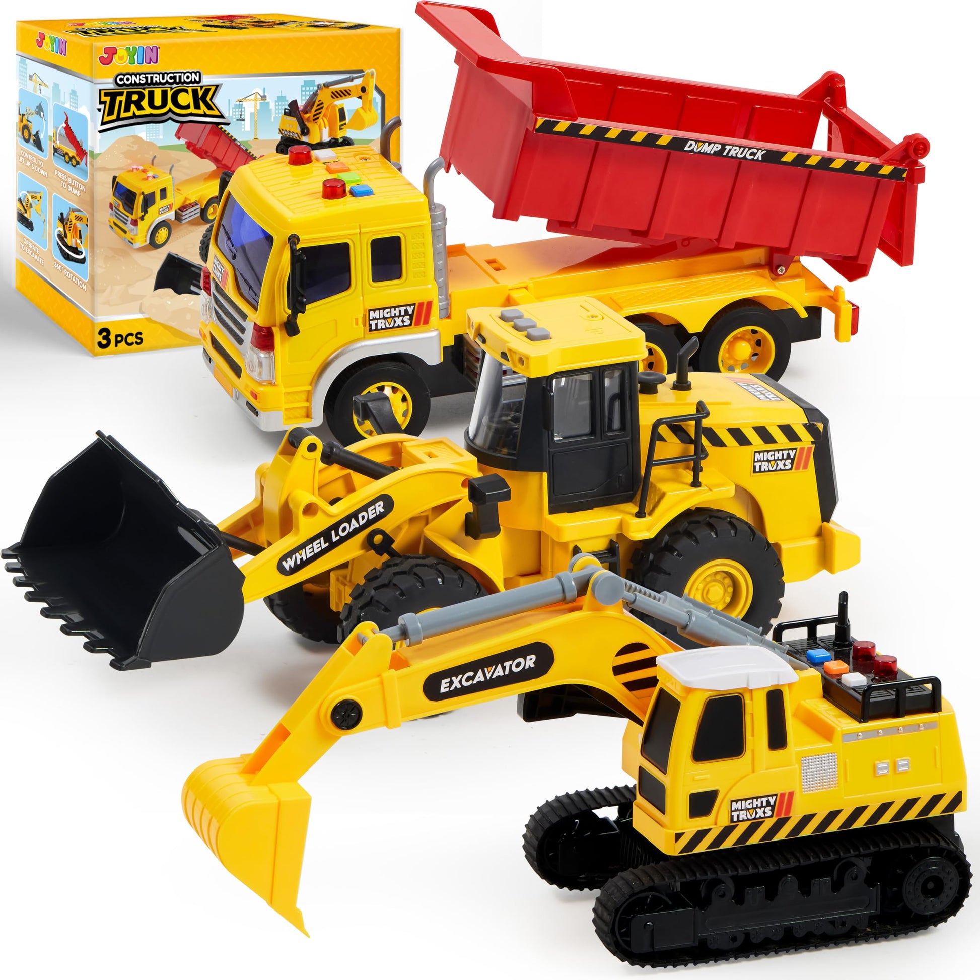 JOYIN 3 Pack Construction Toy - Excavator, Dump Truck and Loader, Moveable Claw & Lifting Back, Construction Truck Toy, Christma