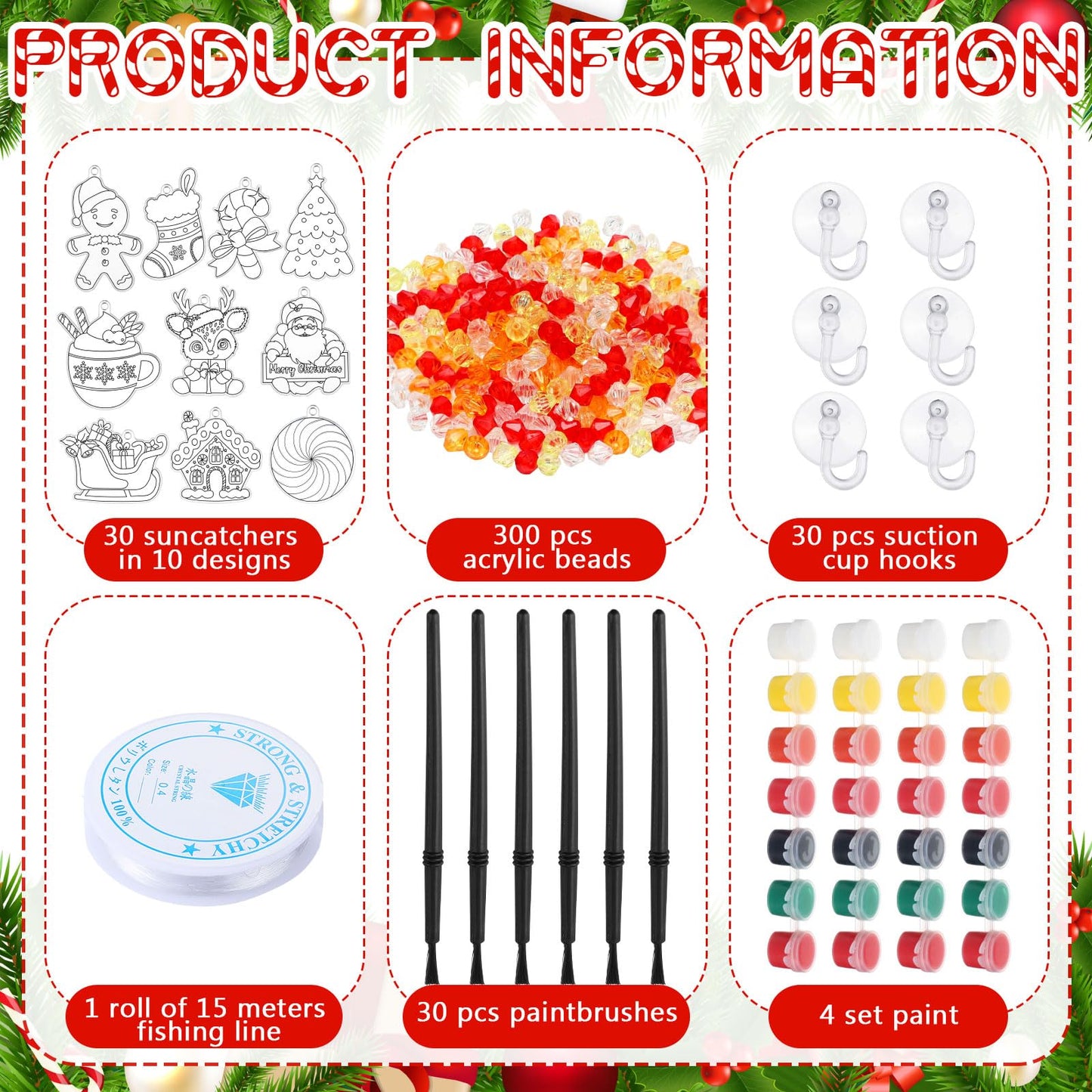 Beeveer Christmas Suncatcher Crafts Kit - 30 Sets DIY Window Paint Art, 3.5" Multicolor Acrylic Ornaments for Holiday Classroom Activities