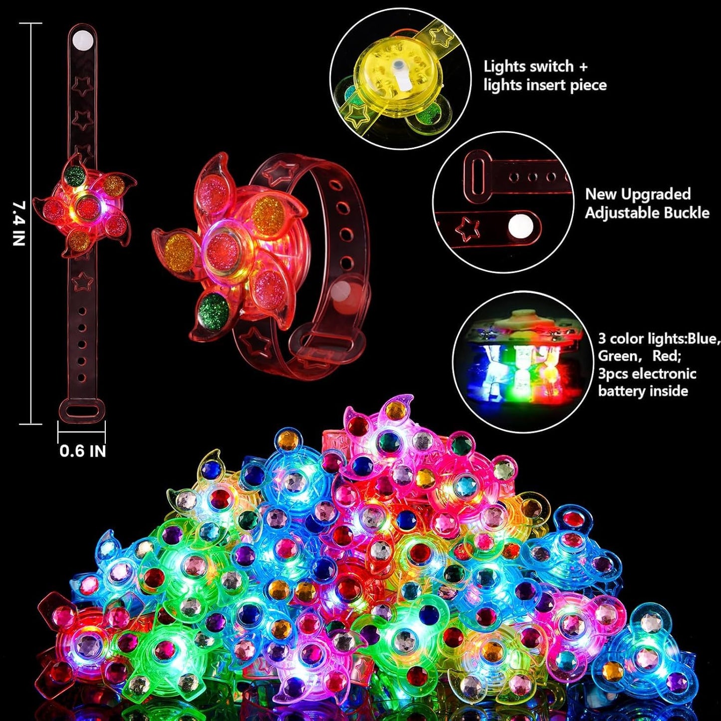 SCIONE 24 Pack LED Light Up Fidget Spinner Bracelets - Glow in the Dark Eco-Friendly Party Favors for Kids 4-12, Birthday Gifts