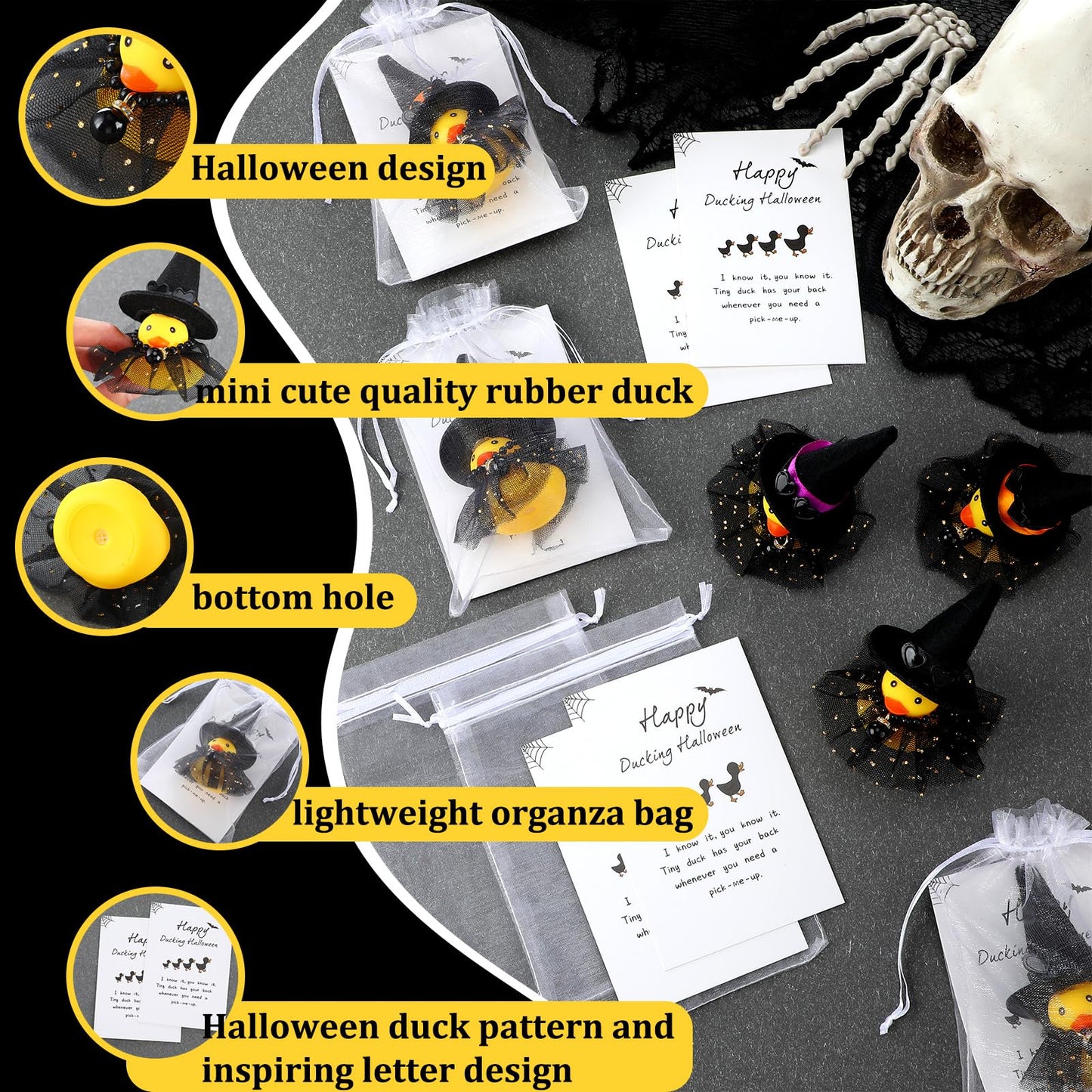 Lunmon 200 Pcs Halloween Party Favors 50 Pcs Halloween Witch Rubber Duck 2 Inch Small Sunglass Duck for Bath Pool 50 Card 50 Org