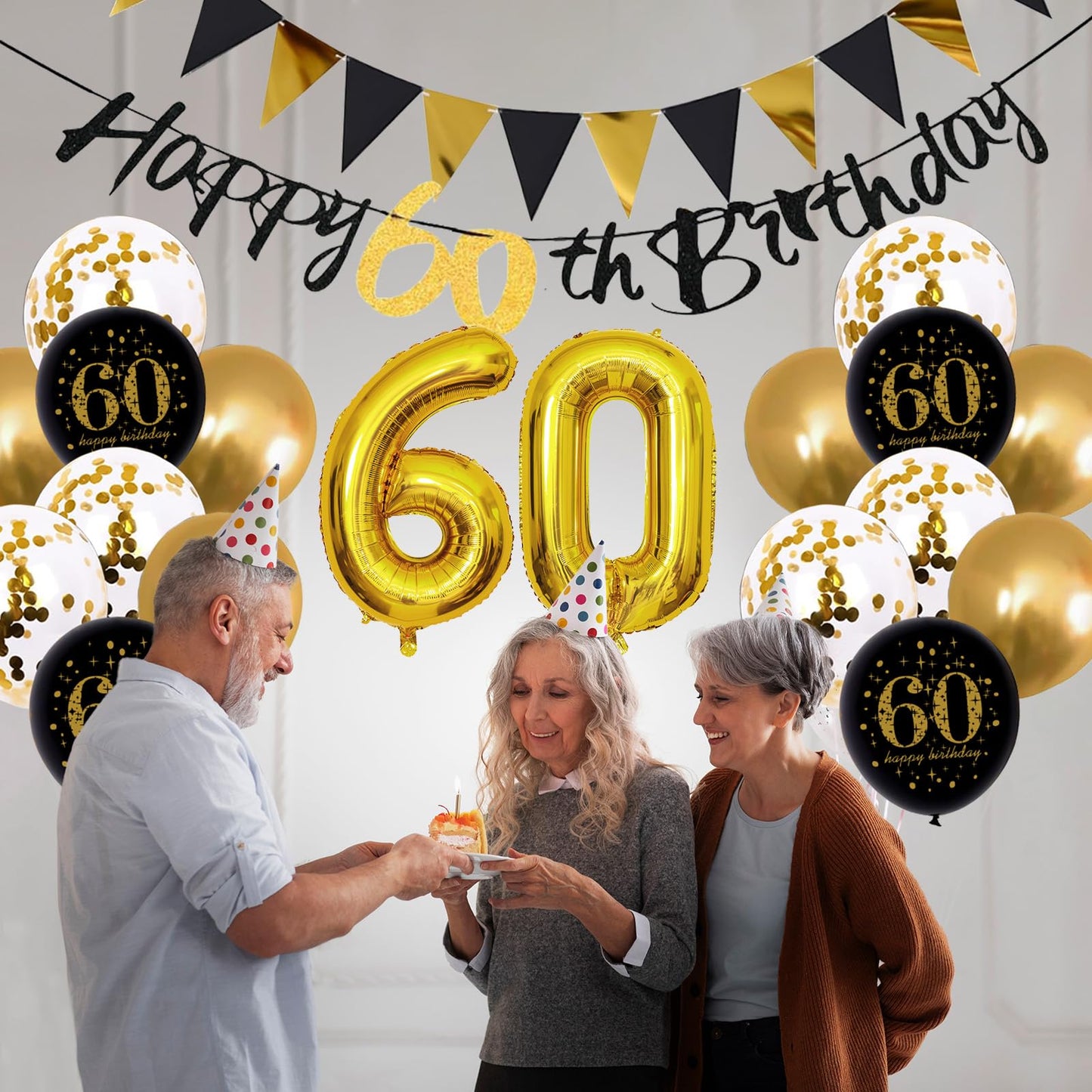 Jobkoo 60Th Birthday Decorations, Black Gold 60Th Birthday Party Decoration For Men Women Golden Black Birthday Balloons 60Th Ca