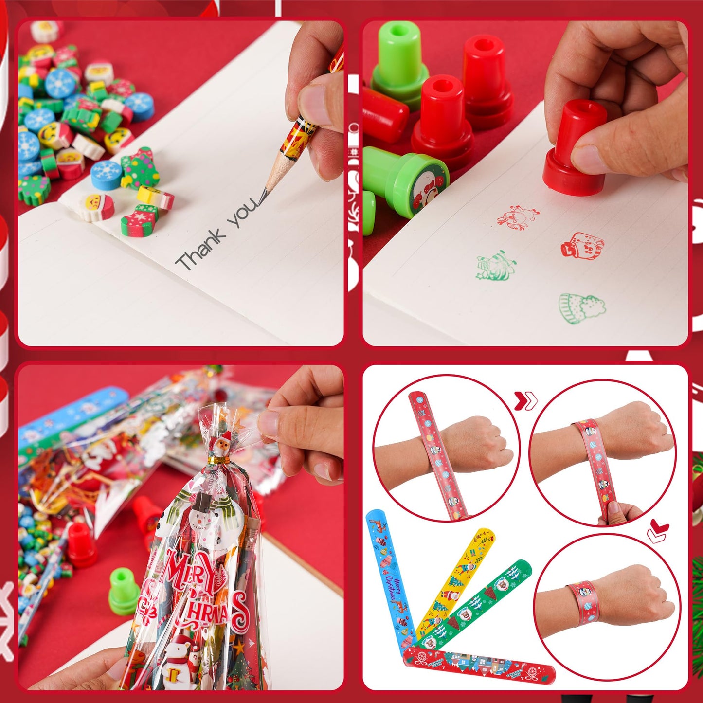 360 Pieces Christmas Stationery Party Favors Bulk: Christmas Pencil Eraser Slap Bracelets Stamps Treat Bags for Kids Classroom G