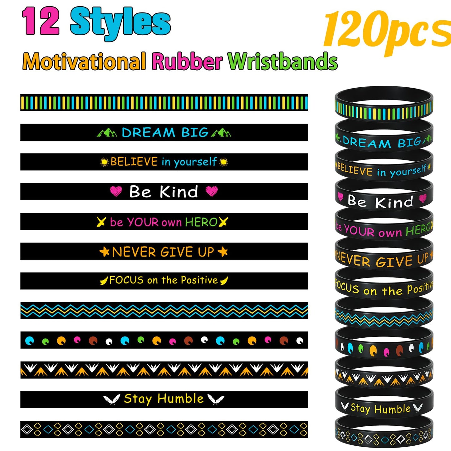 Morcheiong 120 Pieces Motivational Rubber Bracelets Wristbands Black Inspirational Quote Silicone Bands Unisex Style- 12 Designs