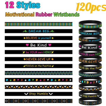 Morcheiong 120 Pieces Motivational Rubber Bracelets Wristbands Black Inspirational Quote Silicone Bands Unisex Style- 12 Designs