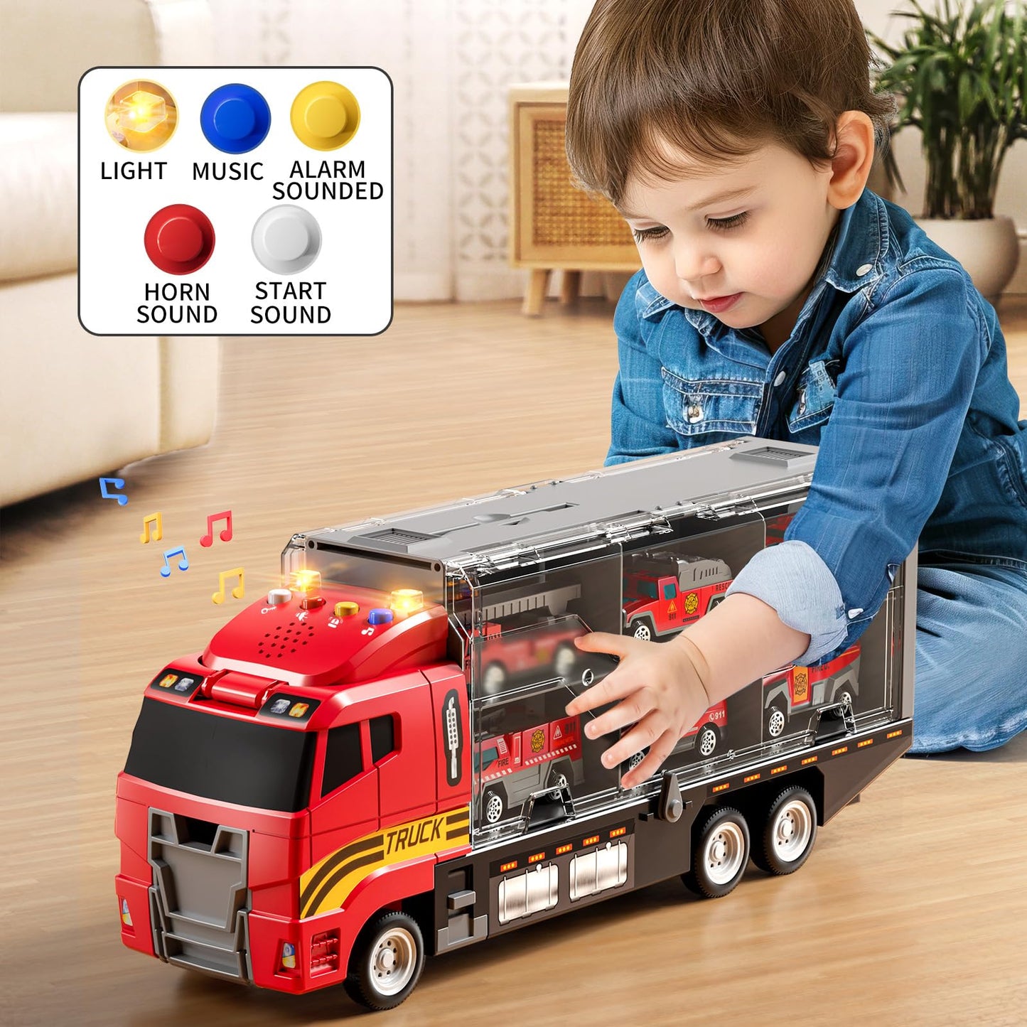 NIPLOOOW Toddler Boys Toys for 3 4 5 6 Years Old, Fire Truck Vehicle Toy Set with Play Mat, Die-Cast Toy Car Carrier Truck for B