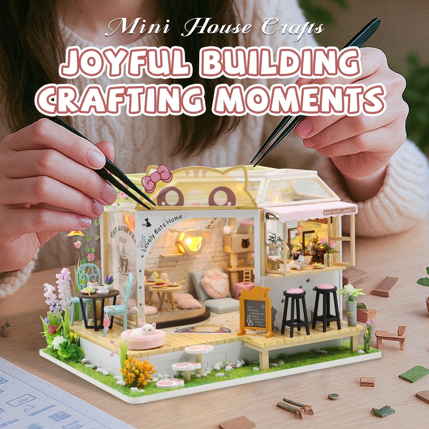 Kisoy Dollhouse Miniature with Furniture Kit  Handmade DIY House Model for Teens mature-themed Gift (Cat Cafe Garden)