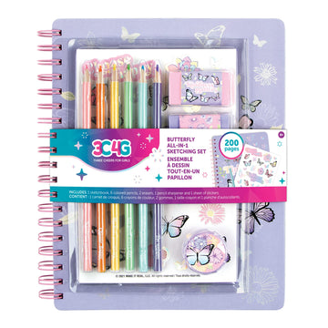 Three Cheers For Girls - Butterfly All-In-1 Sketchbook Set - Girls Diary, Journal, Sketch Book For Kids W/ Pencils, Stickers & More - Drawing Kit For Kids - Unlined Diary For Girls - Kids Sketch Pad