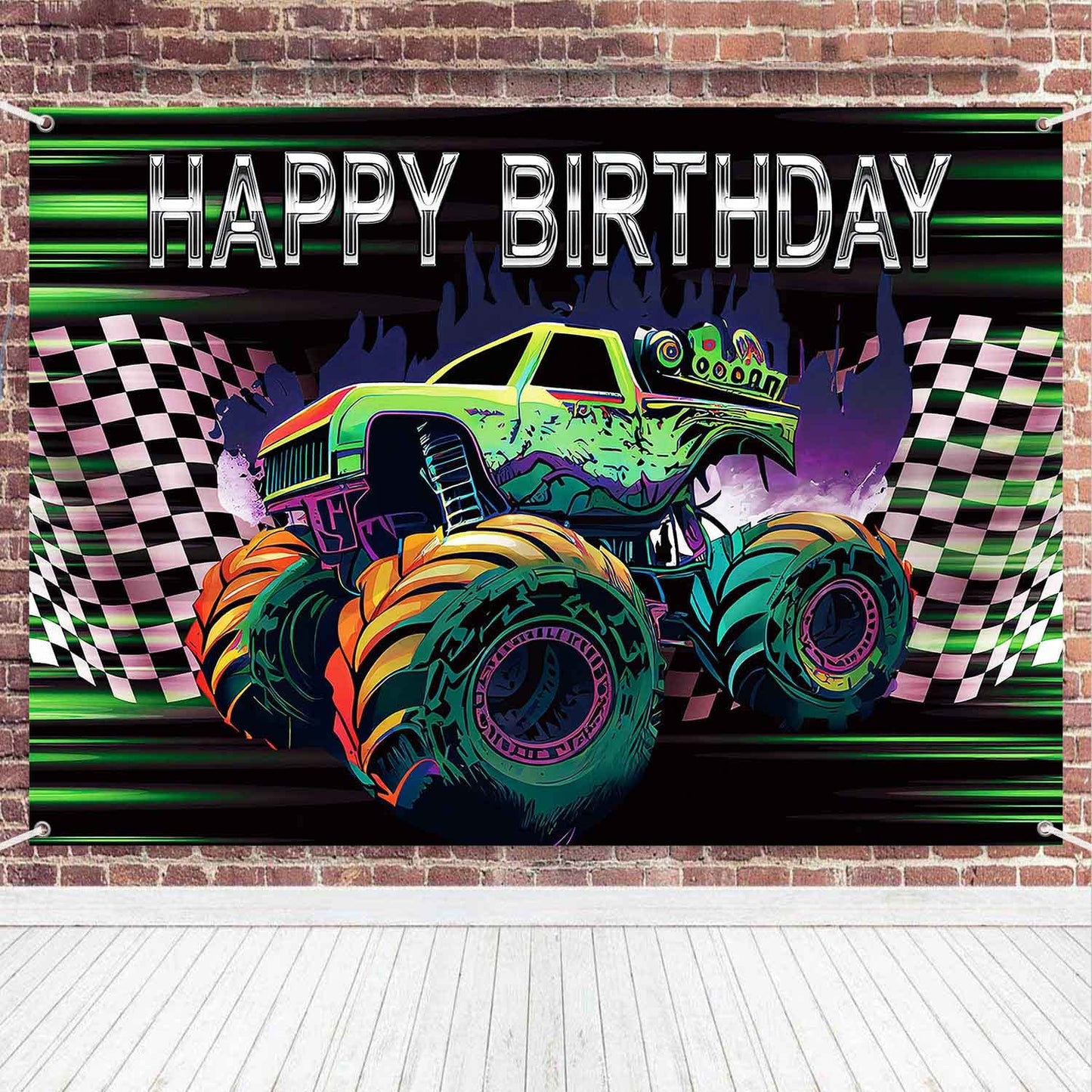 LDWLYW Truck Banner Backdrop, Green & Purple, 7x5ft Polyester Birthday Party Decorations for Boys, Cars Theme, Model 1122334455667723