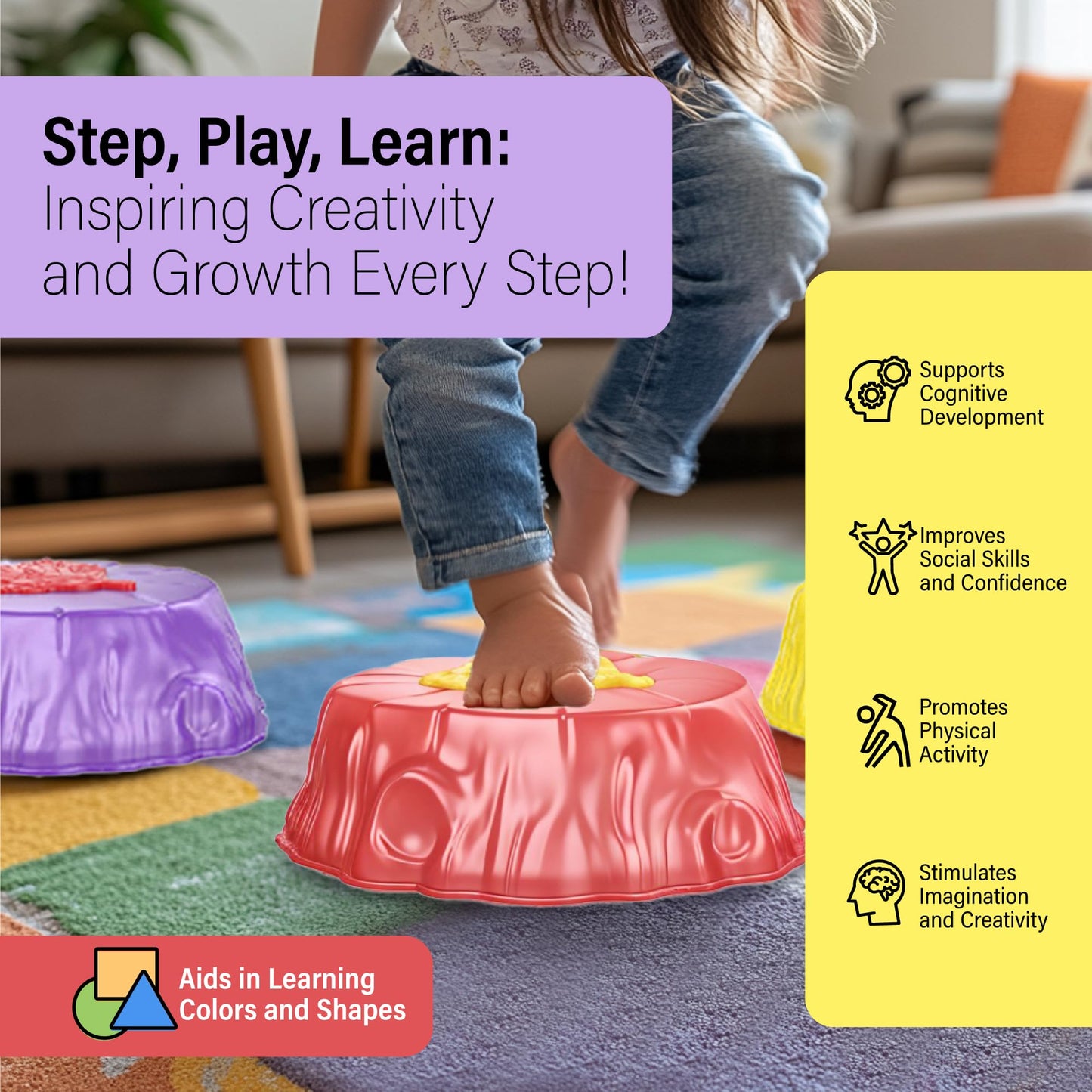 Light Up Kids Stepping Stones - Led Lights Balance Obstacle Course Glow Blocks For Toddlers - Stackable Indoor Outdoor Gross Mot