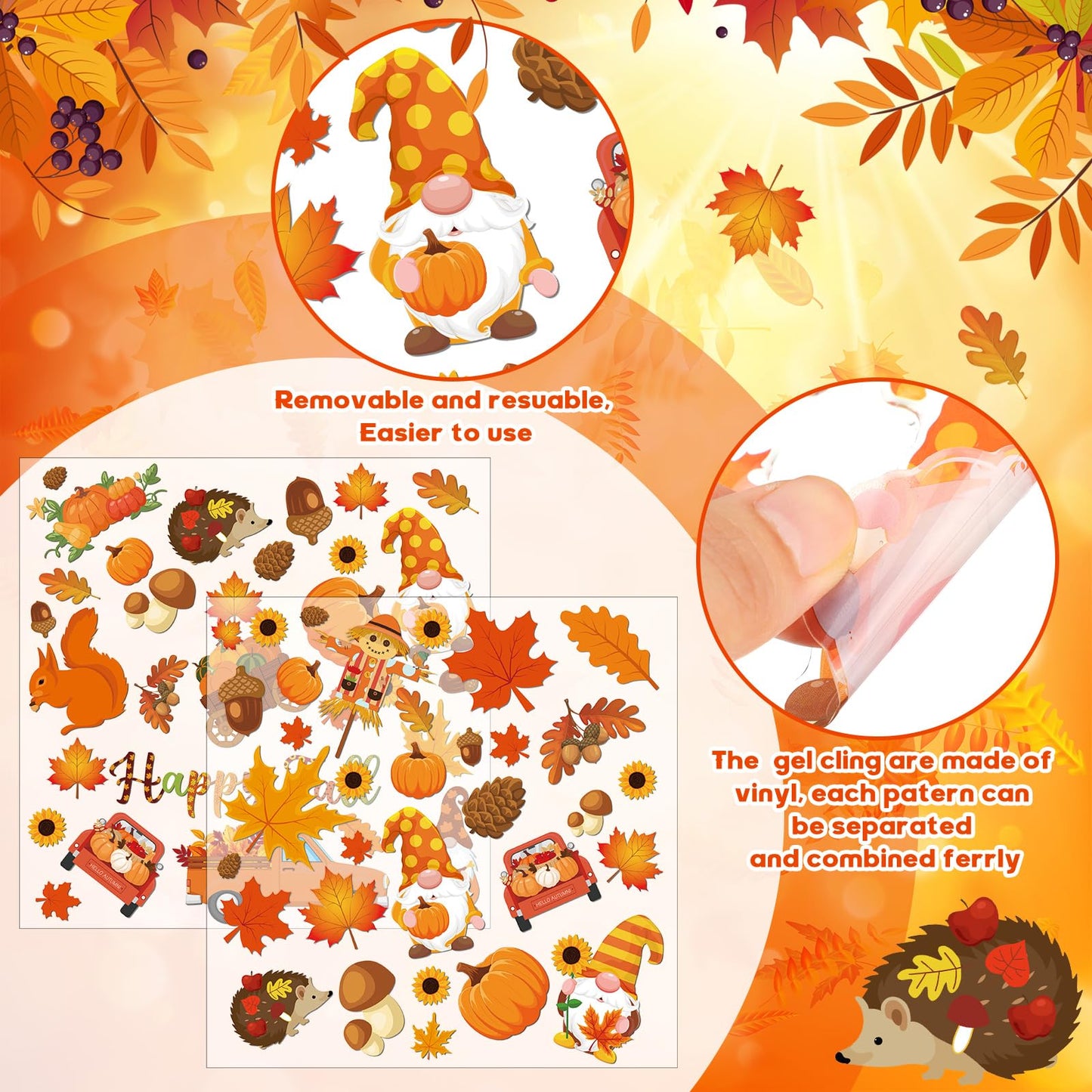 Motipuns 2 Sheet 64 Pcs Thanksgiving Gel Window Clings Fall Thick Gel Cling Removable Reusable Autumn Harvest Window Sticker Pum