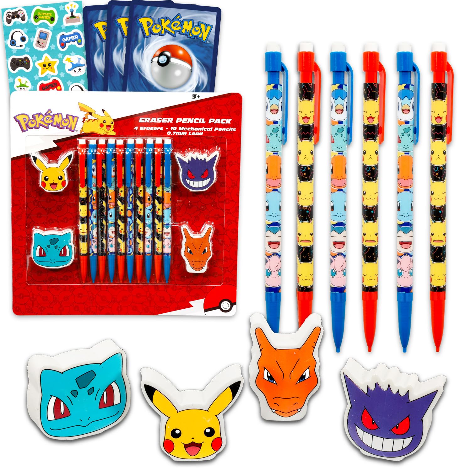 10 Count Pokemon Mechanical Pencils for Classroom Set - Bundle 10 Pencils, 4 Erasers, Plus Stickers, More | Pokemon School Suppl