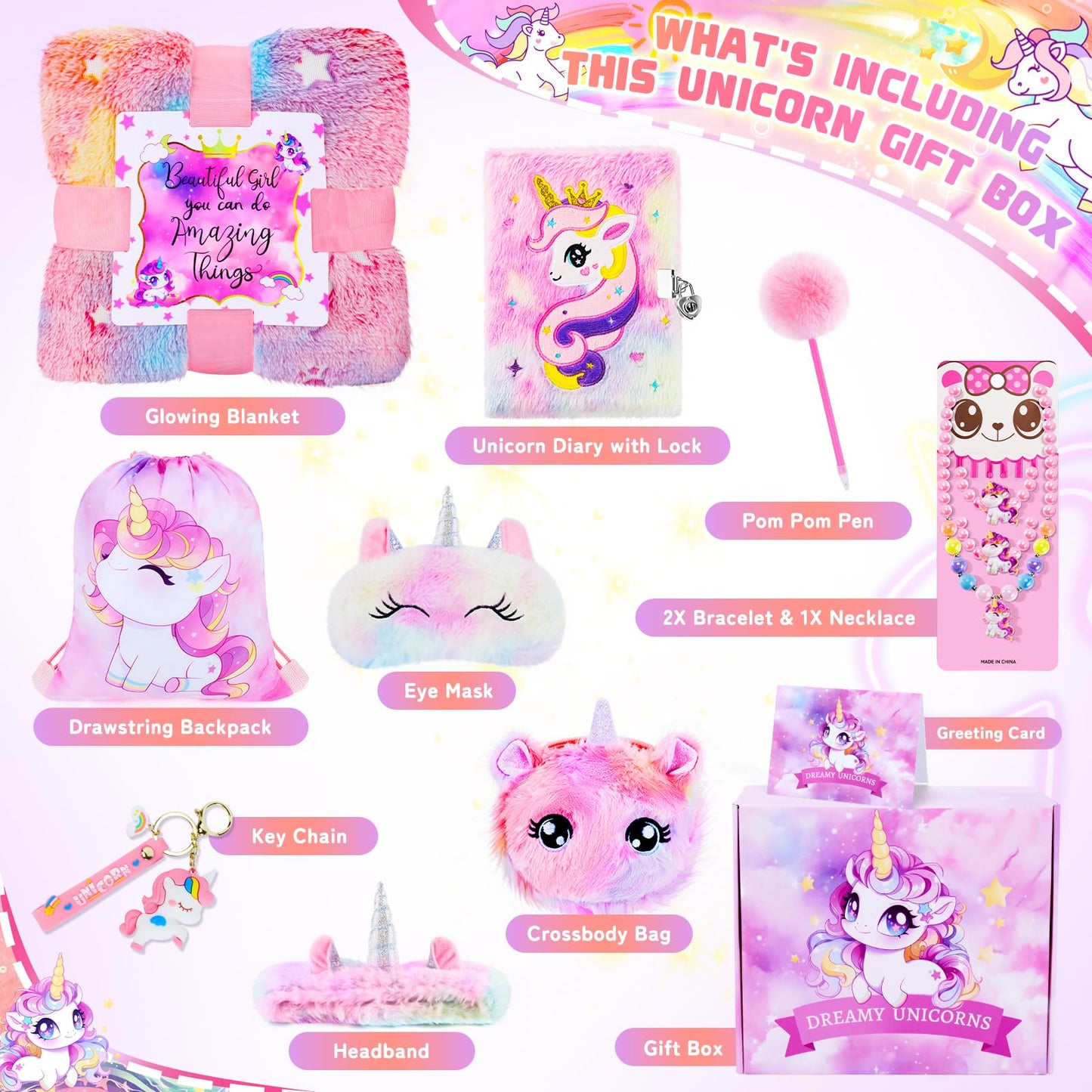 Unicorns Gifts For Girls Kids Toys 3 4 5 6 7 8 9 10 Years Old With Lcd Writing Tablet/Glowing Blanket/Unicorn Bracelet/Eye Mask/