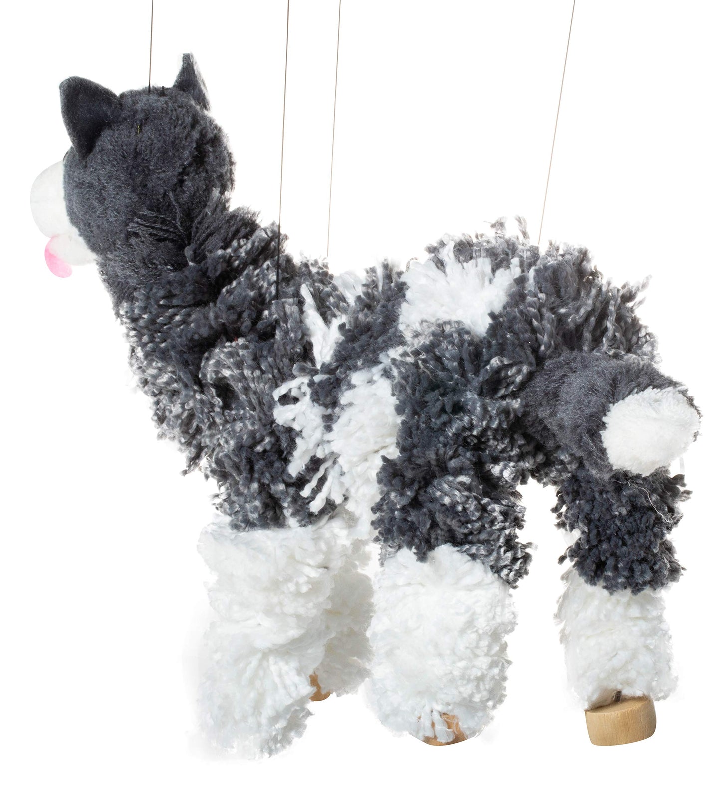 Artisan Owl Siberian Husky Marionette Puppet - Yarn Dog With Wooden Feet, Detachable Strings (Black)