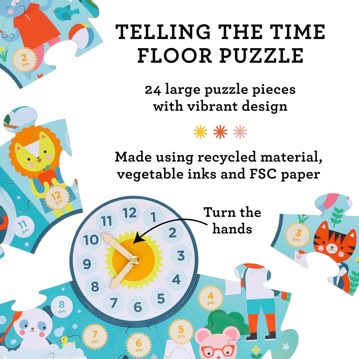 Petit Collage Floor Puzzle, Telling The Time, 24-Pieces - Large Puzzle For Kids, Wooden Clock Hands Can Be Moved To Show The Tim
