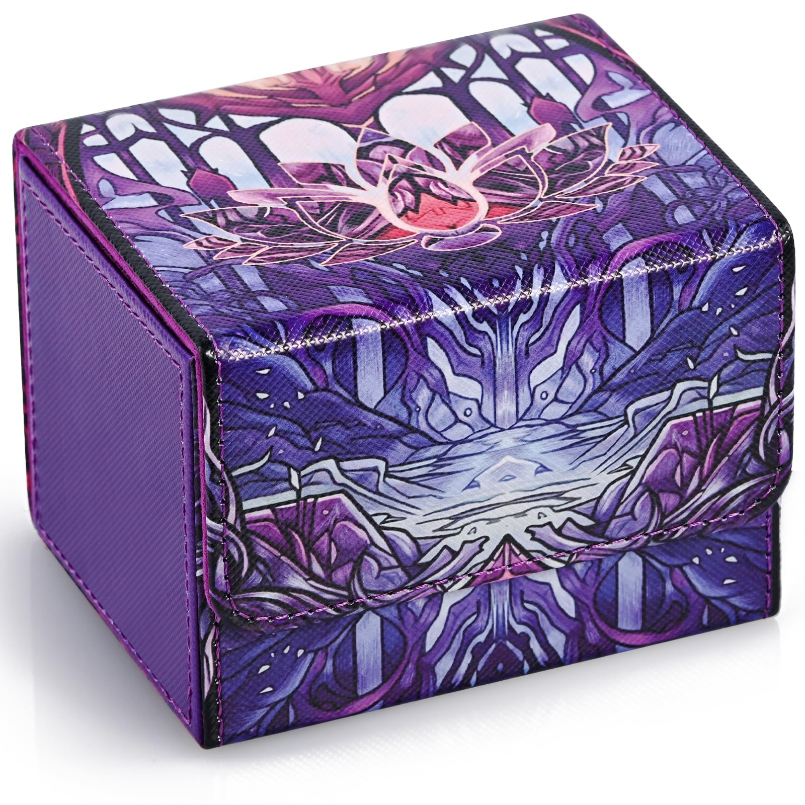 Uaono Deck Box For Mtg Cards, Trading Card Storage Box Holds 120+ Sleeved Commander Deck, Pu Leather Card Box Suits Tcg Magic Cards With 2 Dividers (Violet,Lotus)