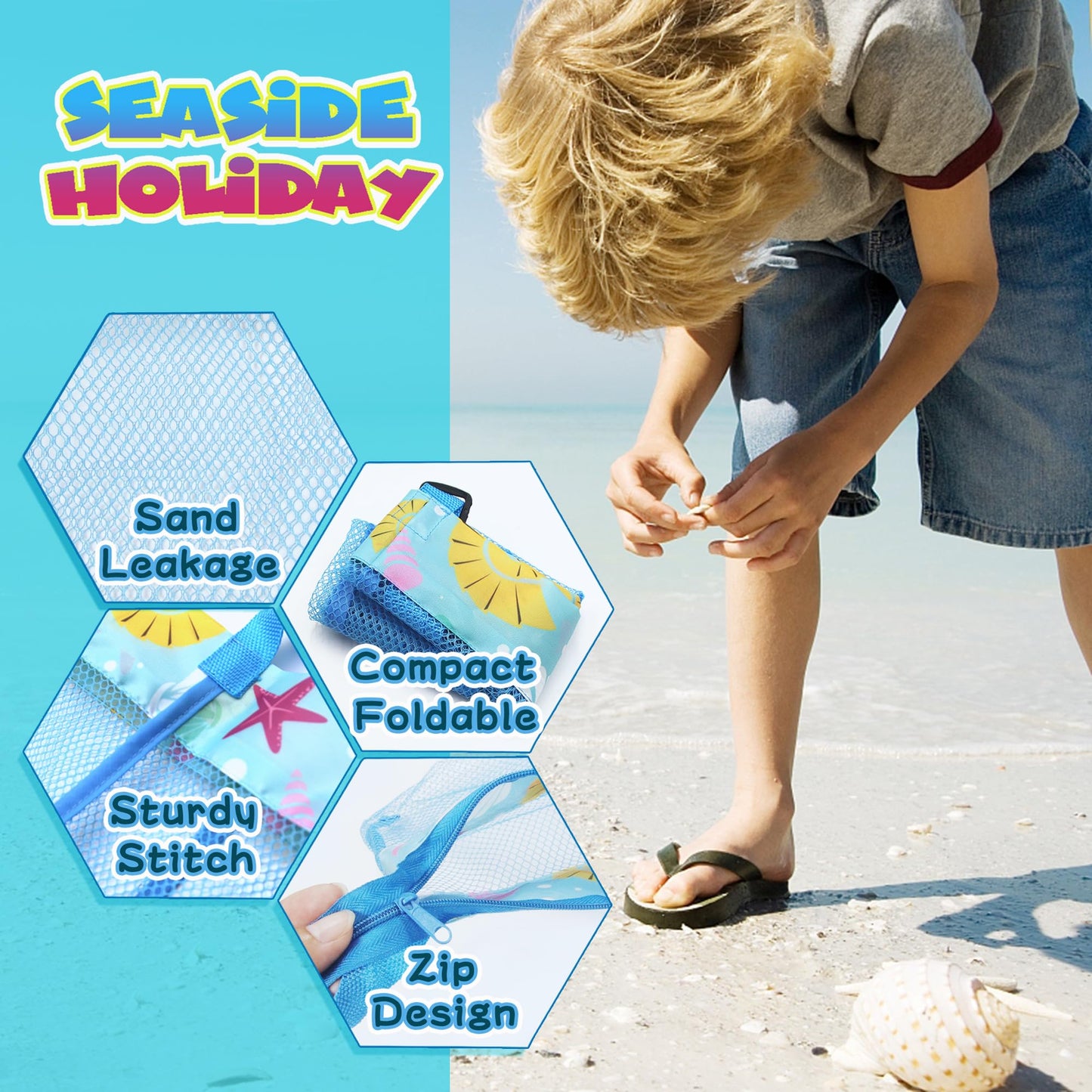 Brmdt Kids Beach Bag Seashell Bag For Beach Vacation, Mesh Shell Bags For Picking Up Shells, 8.7'' Mesh Bags For Holding Sunglas