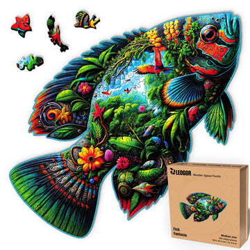Fish Fantasia - 200 Piece Wooden Puzzles for mature-themeds - 16 x 9.6 in - Extra-Thick 5 mm Wood Puzzle  Hand-Shaped Pieces  Marine Life Mosaic Design - enhanced Gift for Puzzle Lovers by LEOGOR