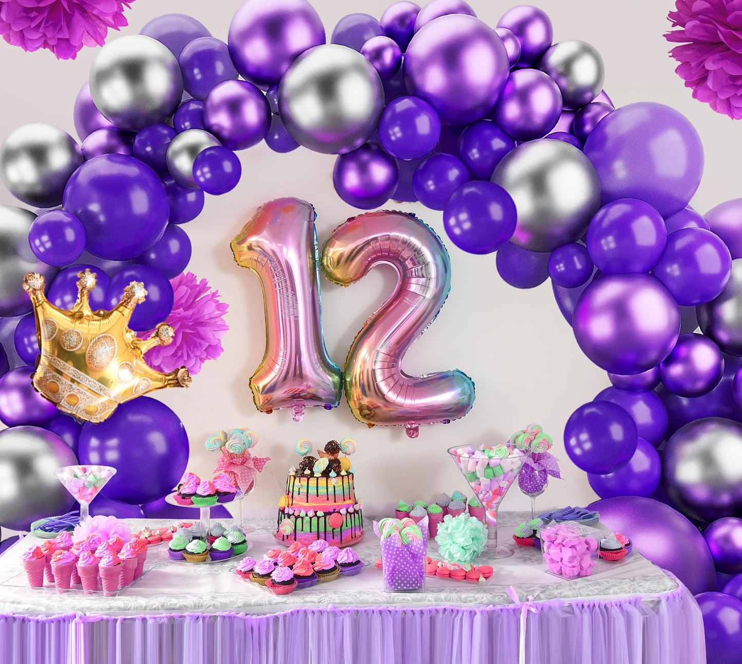 Dark Purple Balloons Arch Garland Kit-143Pcs Silver Metallic Purple Balloons For Birthday Anniversary New Years Baby Shower Grad