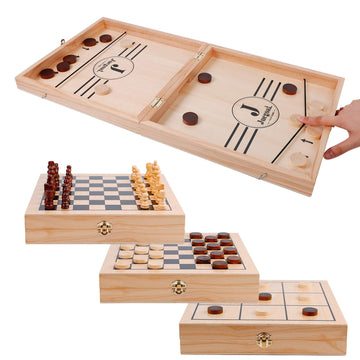 Juegoal 4-In-1 Wooden Fast Sling Puck Set For Kids And Adults, Chess, Checkers, Tic Tac Toe Games, Travel Portable Folding Tabletop Chess Board Game Sets, Interactive Families Toys
