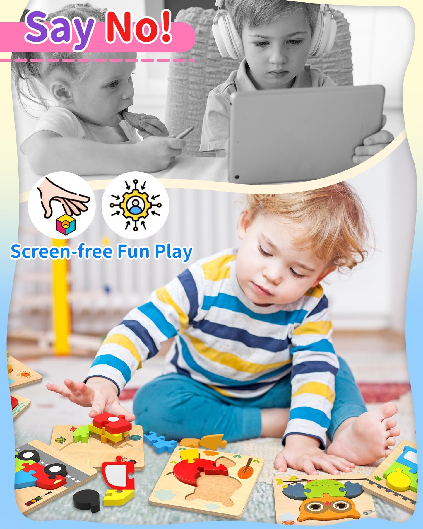 Wooden Puzzles Toddler Toys For 1 2 3 Years Old Boys Girls, 12 Vehicle Shape Learning Educational Blocks Birthday Gifts Sensory