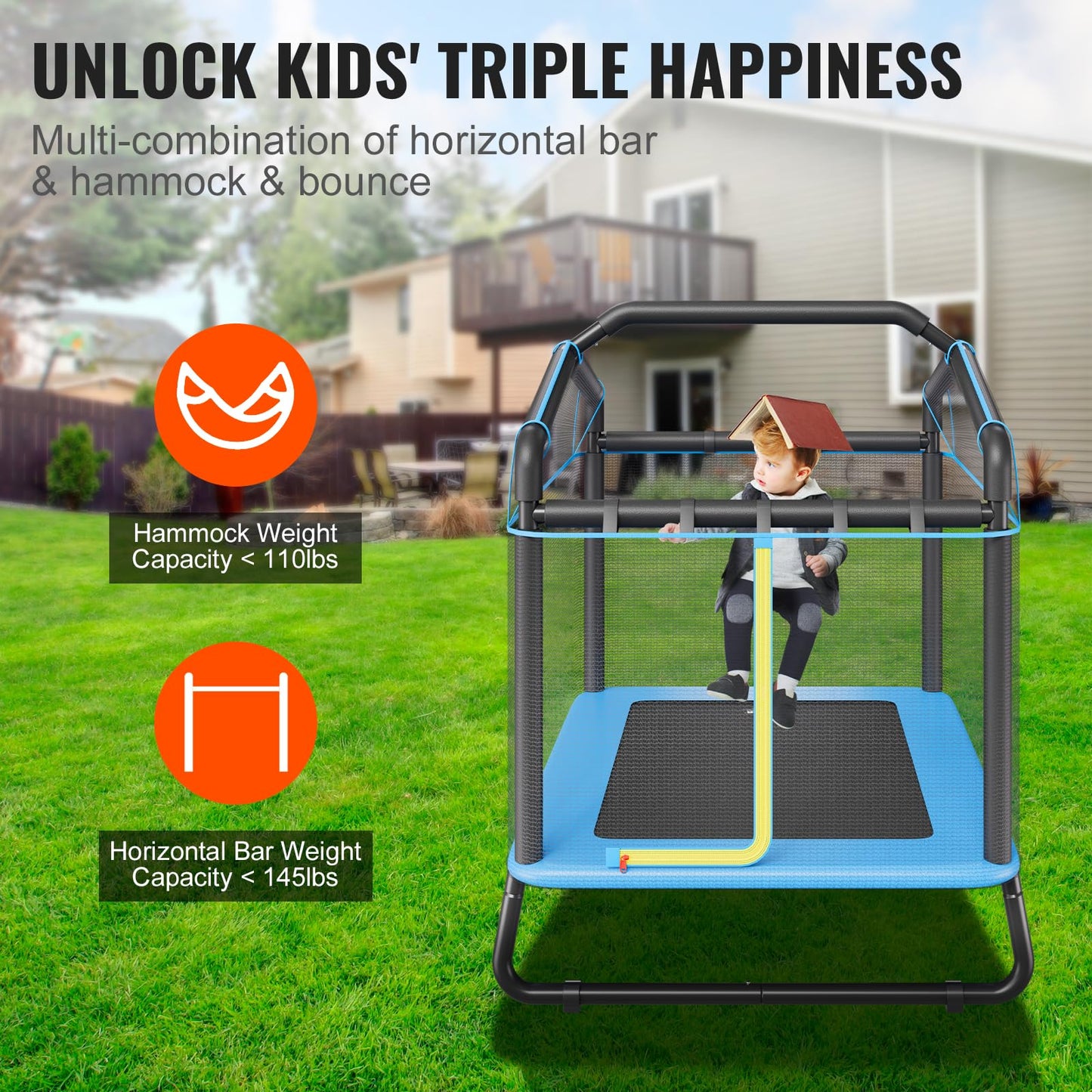 Vevor 6Ft Trampoline 72'' Indoor/Outdoor Trampoline, Mini Trampolines With Safety Enclosure Net, Gymnastics Bar, Hammock, Recrea