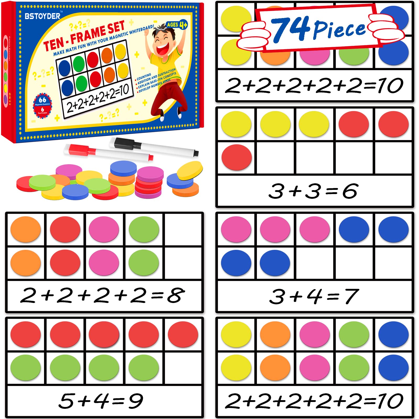 Magnetic Ten-Frame Set - Math Manipulatives Games For Kindergarten Elementary, 6 Ten Frames & 66 Magnetic Math Counters Toys For Boys/ Girls , Stem Learning Educational Number Toy For Children'S Gift…