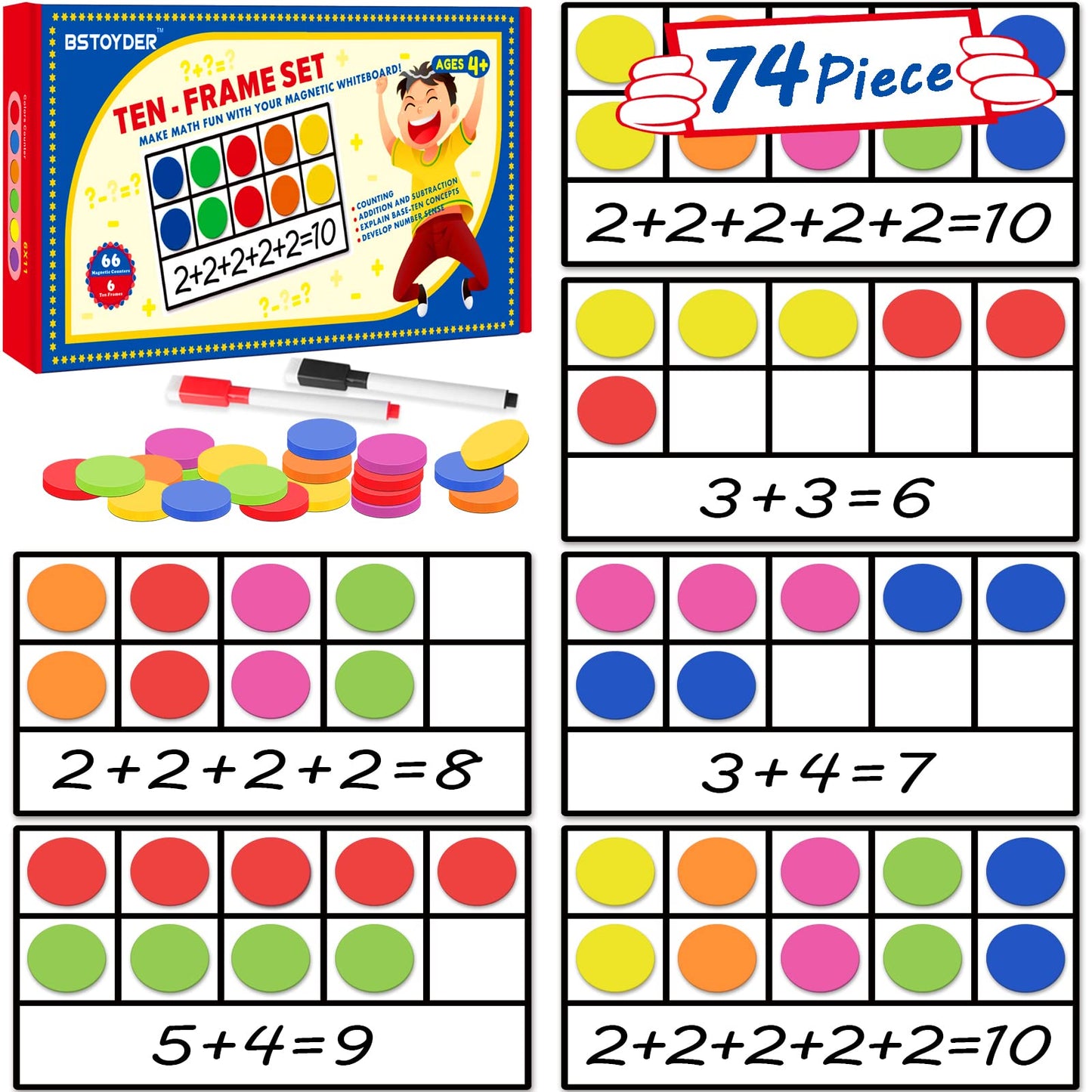 Magnetic Ten-Frame Set - Math Manipulatives Games For Kindergarten Elementary, 6 Ten Frames & 66 Magnetic Math Counters Toys For