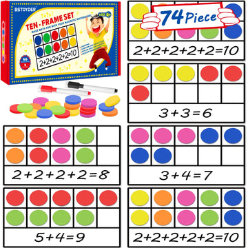 Magnetic Ten-Frame Set - Math Manipulatives Games For Kindergarten Elementary, 6 Ten Frames & 66 Magnetic Math Counters Toys For