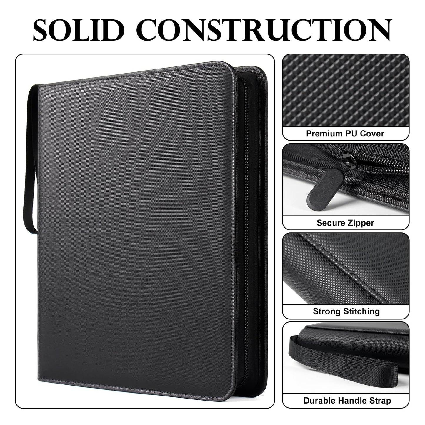 GEAoffice Trading Card Binder 12 Pocket Hold 720 Cards  enhanced PU Cover Zipper Collection Binder  Ringless Sturdy Side Loading Card Album Folder for YuGiOh  MTG  TCG  Game & Sports  Non-PVC  Black